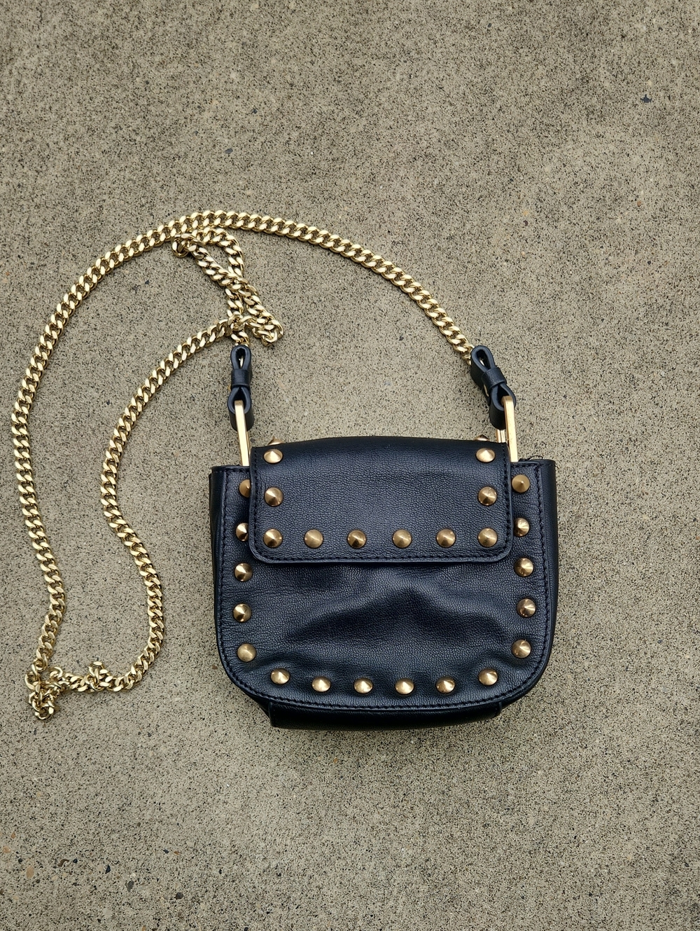 Brian Atwood Black Leather Crossbody with Gold Studs & Chain